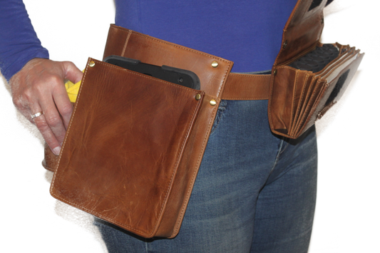 Heupschort 3-delig rechts voor IPad mini, poetsdoekholster inclusief horecaportemonnee Cognac 6621C+